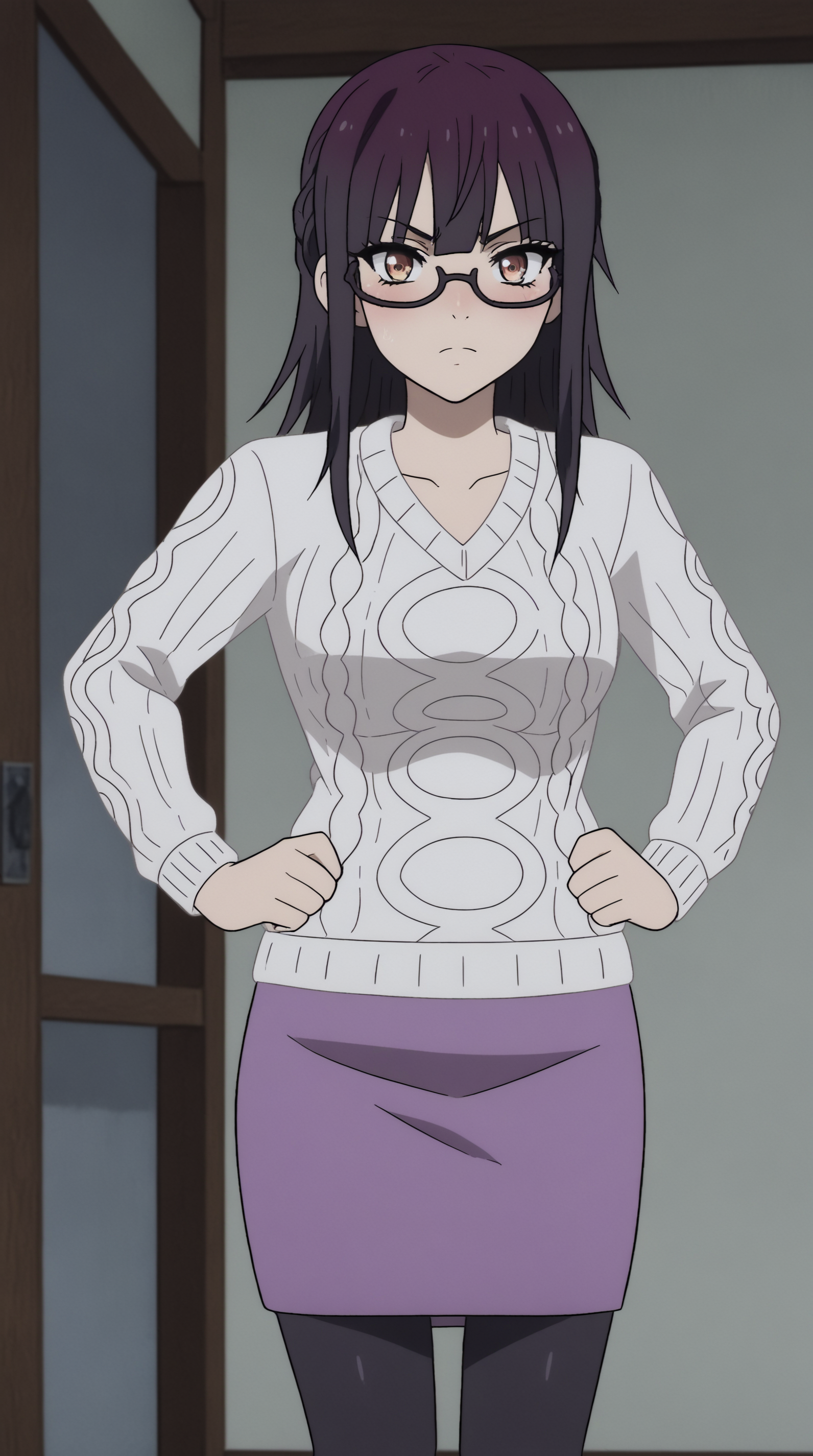 score_9, score_8_up, score_7_up, best background, detailed background, 4k, upscale, anime_source  Sumika Fujimiya, solo, looking at viewer, skirt, pantyhose, sweater, black pantyhose, clenched hands, pencil skirt, purple skirt, cable knit, aran sweater, blush, indoors, hands on hips,  <lora:JN_Sumika_Fujimiya_Pony:0.8>