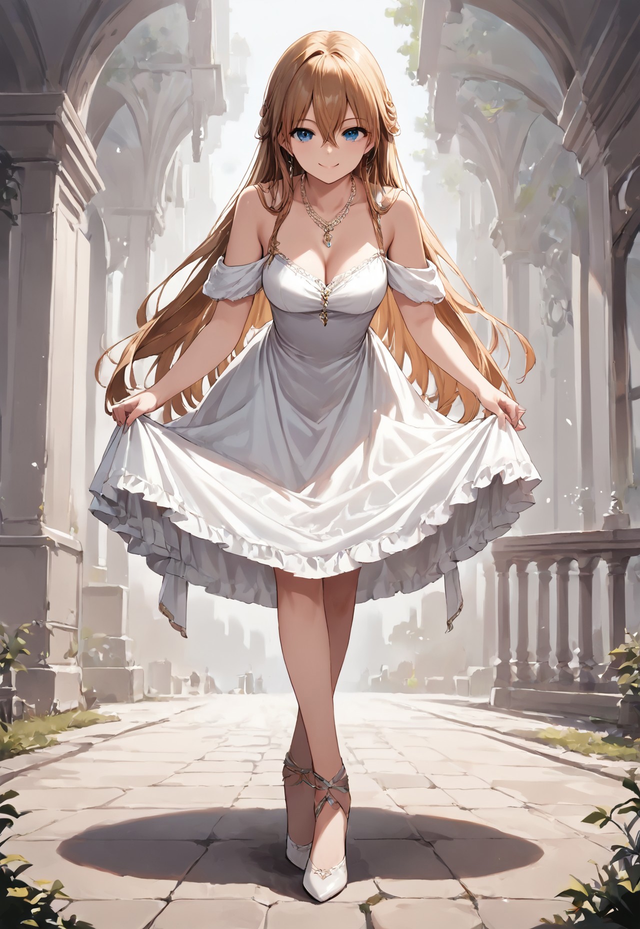 1girl, solo, looking at viewer, skirt hold bowing, leaning forward, source_anime, cowboy shot, crossed legs, dress, stand up, alone, looking at pendulum, detailed background, masterpiece, high res image, dynamic pose, full body, ultra-detailed, best quality, beautiful and detailed illustration, (nature:0.9), smile, hair between eyes, long hair, score_9, score_8_up, score_7_up, score_6_up, score_5_up, score_4_up, solo, concept art, jewelry, 8K, necklace, evening dress
