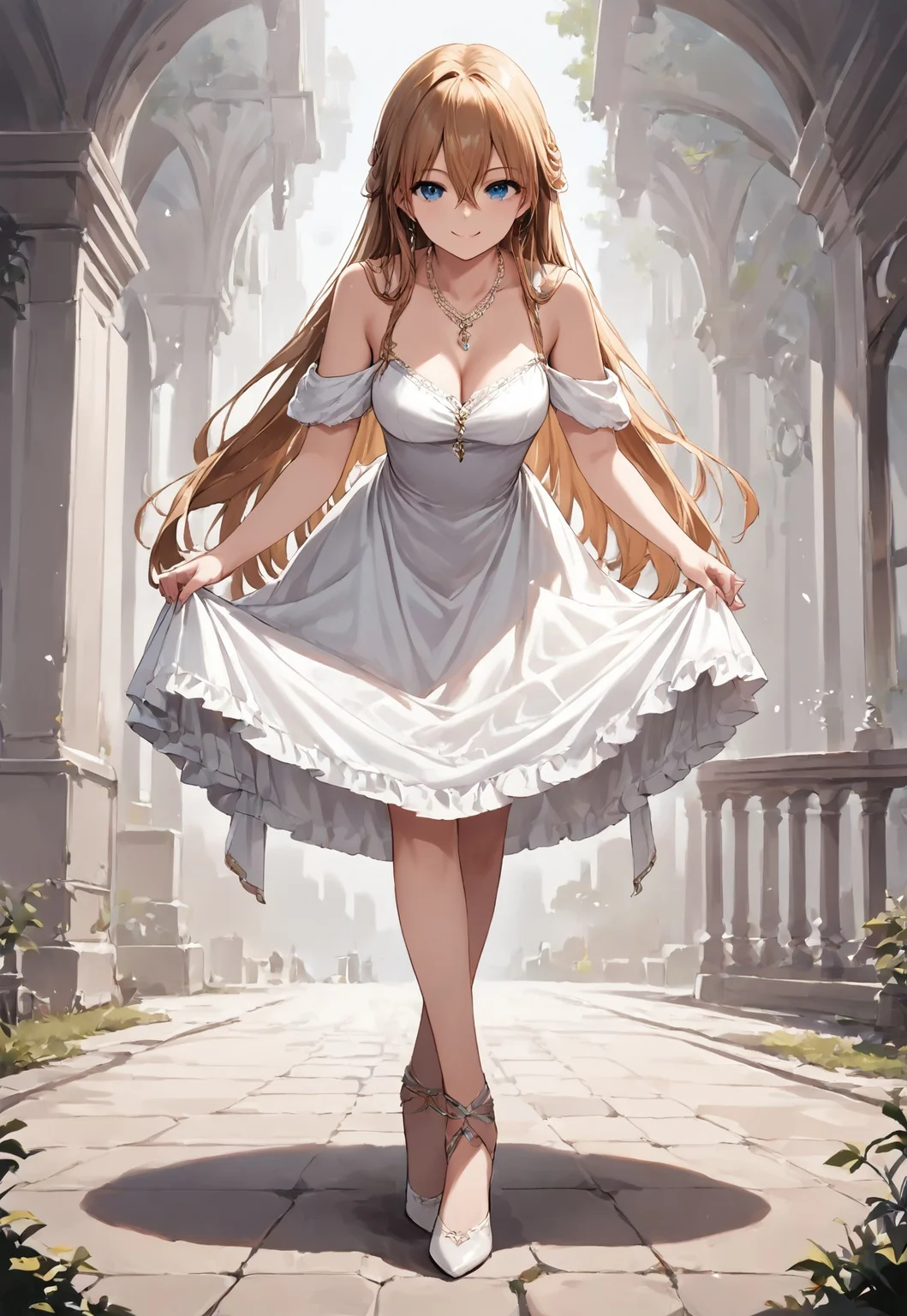 1girl, solo, looking at viewer, skirt hold bowing, leaning forward, source_anime, cowboy shot, crossed legs, dress, stand up, alone, looking at pendulum, detailed background, masterpiece, high res image, dynamic pose, full body, ultra-detailed, best quality, beautiful and detailed illustration, (nature:0.9), smile, hair between eyes, long hair, score_9, score_8_up, score_7_up, score_6_up, score_5_up, score_4_up, solo, concept art, jewelry, 8K, necklace, evening dress