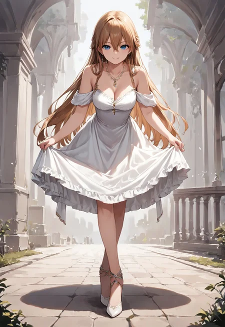 1girl, solo, looking at viewer, skirt hold bowing, leaning forward, source_anime, cowboy shot, crossed legs, dress, stand up, alone, looking at pendulum, detailed background, masterpiece, high res image, dynamic pose, full body, ultra-detailed, best quality, beautiful and detailed illustration, (nature:0.9), smile, hair between eyes, long hair, score_9, score_8_up, score_7_up, score_6_up, score_5_up, score_4_up, solo, concept art, jewelry, 8K, necklace, evening dress