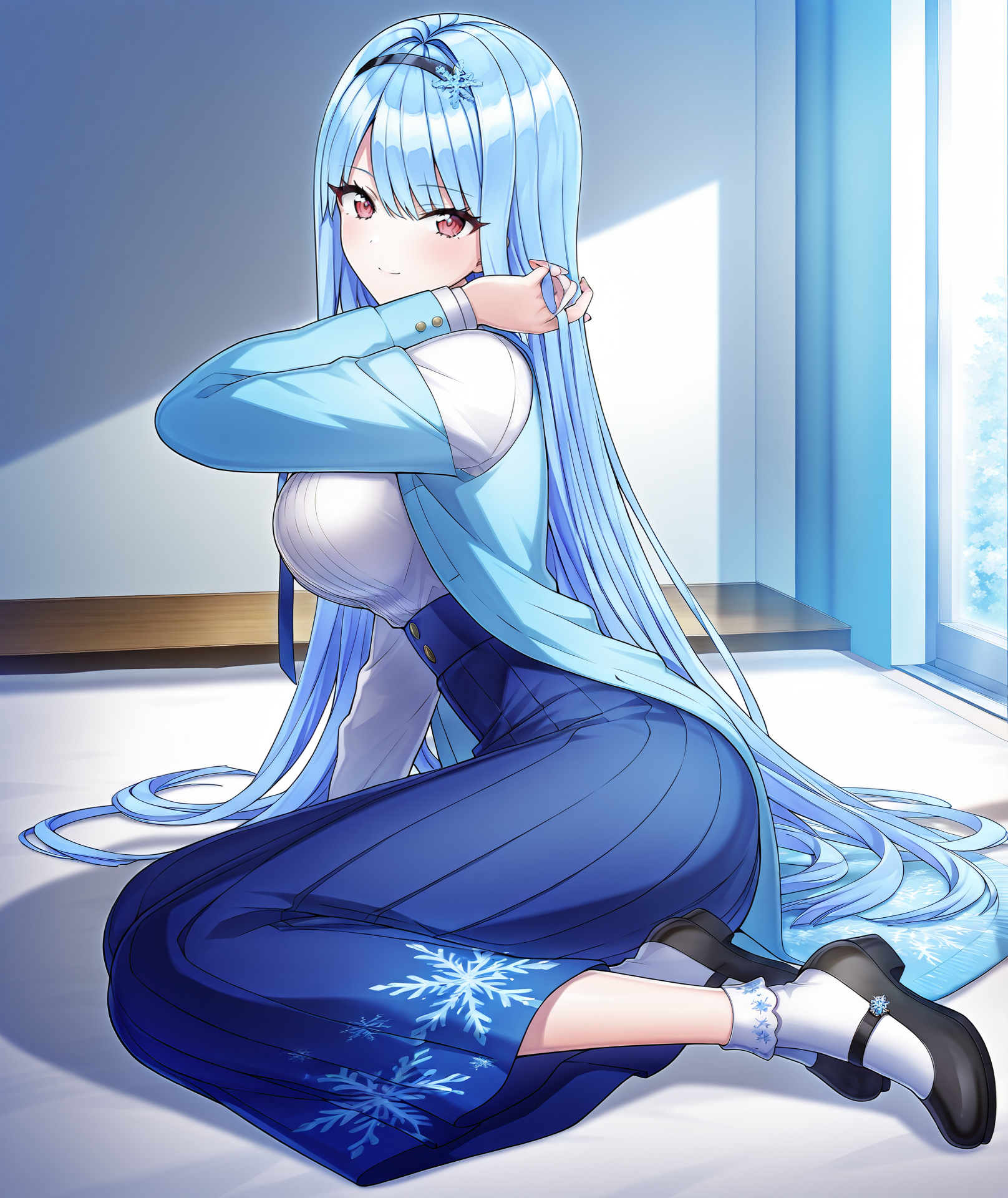 masterpiece,best quality,
looking at viewer,female focus,from side,
nayuki_hiori,1girl,solo,aged up,looking at viewer,
long skirt,high-waist skirt,blue coat,blue skirt,white shirt,hairband,mary janes,1girl,solo,red eyes,very long hair,blue hair,bangs,closed mouth,breasts,large breasts,smile,yokozuwari,white socks,full body,Snowflake pattern,
indoors,
<lora:ãILXLãnayuki_hiori-000010:1>,<lora:Expressive_H:0.2>,