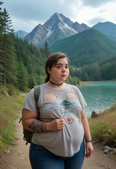 score_9, score_8_up, score_7_up, andrea, 1girl, arm tattoo, freckles, (loose t shirt), oversized shirt, jeans, hiking backpack, choker, (bottom-heavy, big girl, fat, chubby, fat arms:1.5), bracelet, small natural breasts, bra, forest, hiking trail, light fog, lake, mountain, cabin, dirty shirt, ripped shirt