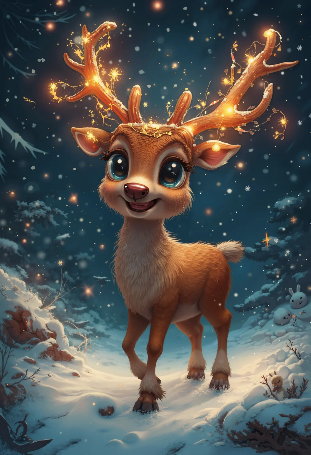 bo-christmas, a highly detailed, digital illustration in a whimsical, hyper-realistic style, it depicts a reindeer with antlers and a cheerful expression, standing in a snow-covered landscape, the deer's fur is a warm, reddish-brown color, and its eyes are large and expressive, with a bright blue hue, the antlers are adorned with sparkling, glowing orange and yellow lights, giving it a festive, almost magical appearance, the background is a dark, starry night sky, with scattered, glowing orbs of various colors, including red, orange, and blue, adding to the festive atmosphere, the snowflakes gently fall, creating a sense of movement and depth, the texture of the snow is smooth and fluffy, with subtle sheen that catches the light, enhancing the magical feel of the scene, the overall mood is one of joy and celebration, with the deer standing out as the focal point, surrounded by a magical, otherworldly atmosphere, high quality, ultra detailed, colorful, abstract, fantasy.<lora:Flux Christmas Dreams Lora\Christmas Dreams_epoch_5.safetensors:1.0:1.0>