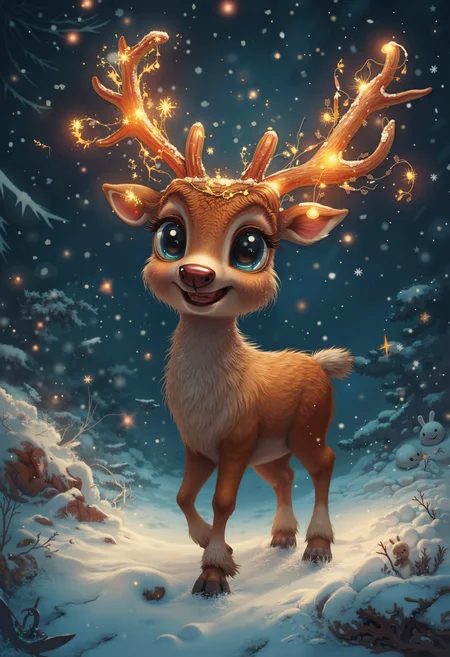 bo-christmas, a highly detailed, digital illustration in a whimsical, hyper-realistic style, it depicts a reindeer with antlers and a cheerful expression, standing in a snow-covered landscape, the deer's fur is a warm, reddish-brown color, and its eyes are large and expressive, with a bright blue hue, the antlers are adorned with sparkling, glowing orange and yellow lights, giving it a festive, almost magical appearance, the background is a dark, starry night sky, with scattered, glowing orbs of various colors, including red, orange, and blue, adding to the festive atmosphere, the snowflakes gently fall, creating a sense of movement and depth, the texture of the snow is smooth and fluffy, with subtle sheen that catches the light, enhancing the magical feel of the scene, the overall mood is one of joy and celebration, with the deer standing out as the focal point, surrounded by a magical, otherworldly atmosphere, high quality, ultra detailed, colorful, abstract, fantasy.<lora:Flux Christmas Dreams Lora\Christmas Dreams_epoch_5.safetensors:1.0:1.0>