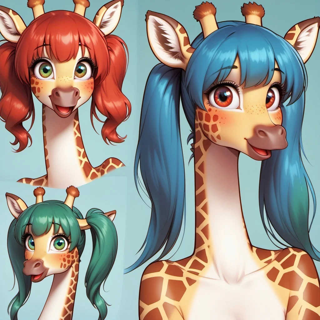 score_9, score_8_up, score_8_up, M4dd13G1r4ff3, anthro giraffe, portrait, multiple views, red eyes, green eyes, blue eyes, red hair, green hair, blue hair, twintails, smiling, mouth open