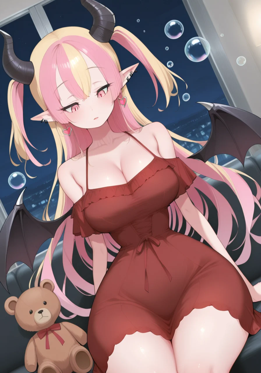 1girl, bare shoulders, black horns, black wings, blonde hair, breasts, bubble, cleavage, coach, demon girl, demon horns, demon wings, dress, duel monster, ear piercing, earrings, heart, heart earrings, horns, indoors, jewelry, large breasts, long hair, multicolored hair, night, piercing, pink hair, pointy ears, red dress, sitting, solo, stuffed animal, stuffed toy, teddy bear, two-tone hair, two side up, very long hair, wings, BREAK character_concept, cowboy_shot, (dutch_angle:1.25), masterpiece, best quality, amazing quality, very aesthetic, absurdres, modern, recent, newest, <lora:AomizuanV2_IL_Style_epoch_7:1> 40mizu4nV2