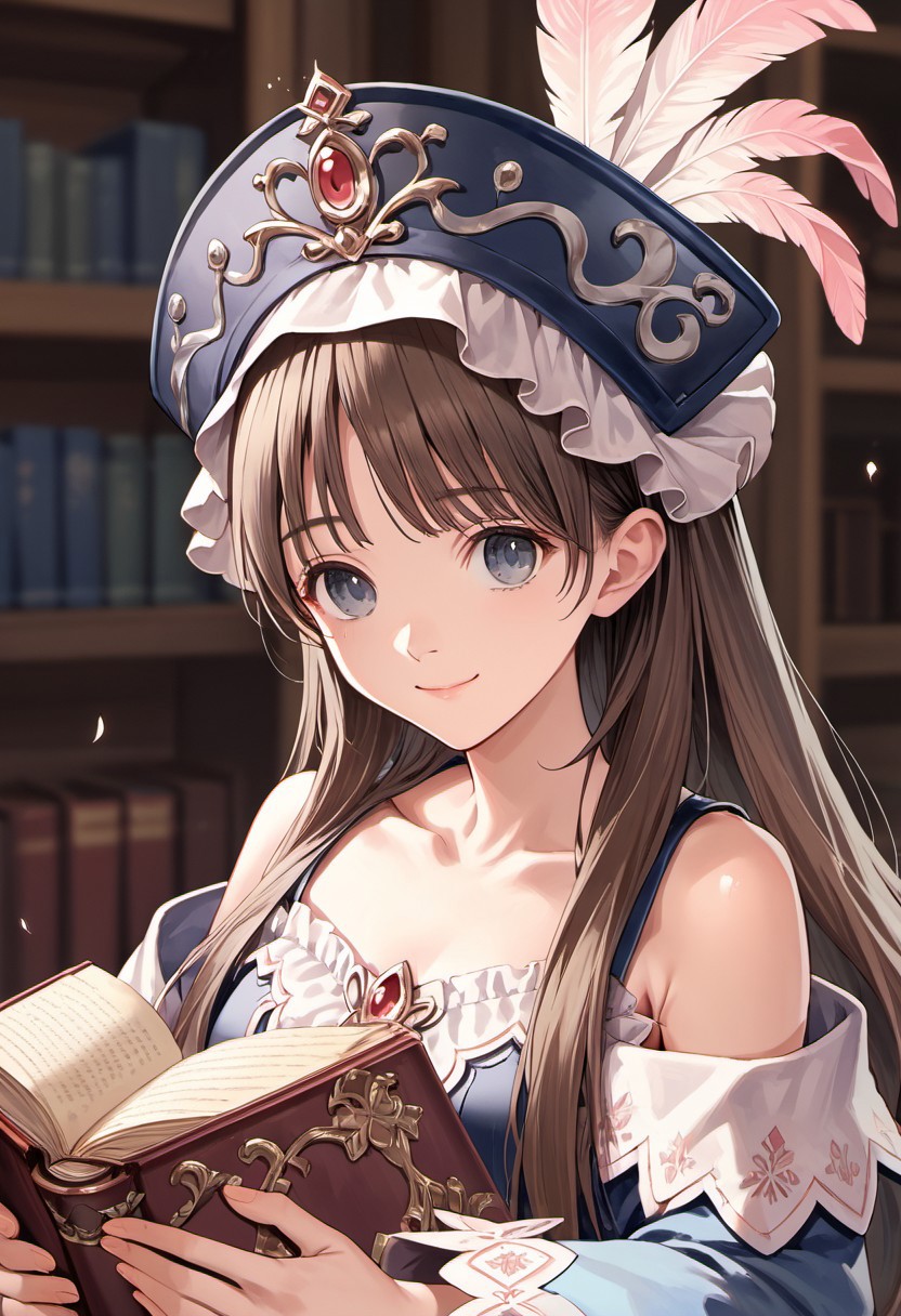 score_9, score_8_up, score_7_up, source_anime, totooria helmold, long hair, brown hair, greyish-blue eyes, 1girl, hat, solo, book, bare shoulders, hat feather, smile