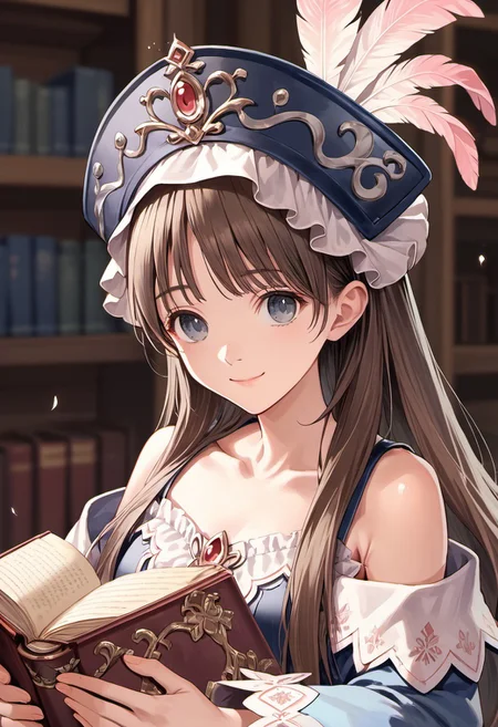 score_9, score_8_up, score_7_up, source_anime, totooria helmold, long hair, brown hair, greyish-blue eyes, 1girl, hat, solo, book, bare shoulders, hat feather, smile