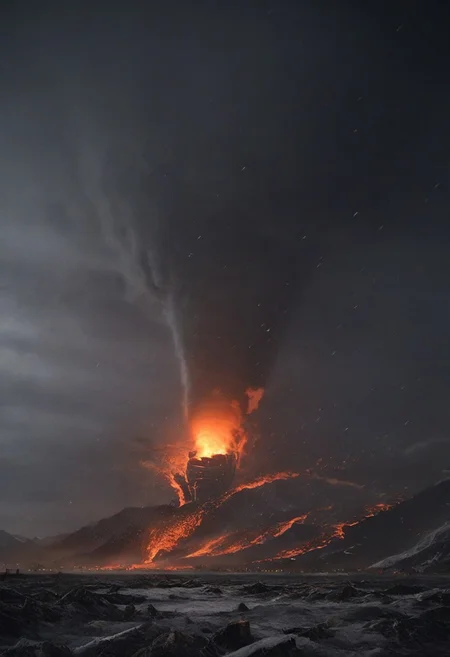 A highly detailed and dramatic rare photo shot of a ((Tornado)) with a winter mountain background, swirling tornado engulfed with flames and lava form flow, city destruction, 8k sharp focus, micro unreal engine 5 effects, photorealistic fantasy