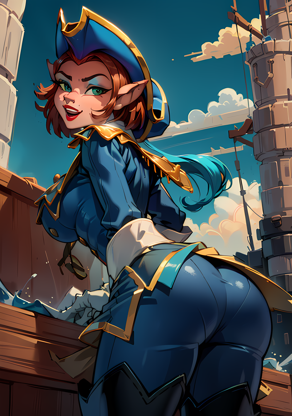 (AmeliaCapWaifu:1), 1girl, curvy, (blue uniform, thighhighs, thigh boots, gloves, hat, epaulettes, pants), looking at viewer, cute pose, smile, :D, (big breasts:1.2),
(masterpiece:1.2), (best quality, highest quality), (ultra detailed), (8k, 4k, intricate),(full-body-shot:1),(Cowboy-shot:1.2), (50mm), (highly detailed:1.2),(detailed face:1.2), detailed_eyes,(gradients),(ambient light:1.3),(cinematic composition:1.3),(HDR:1),Accent Lighting,extremely detailed CG unity 8k wallpaper,original, highres,(perfect_anatomy:1.2), solo, wide shot,
(detailed ladscape, boat, sea:1.2),(detailed background),(dynamic_angle:1.2), (dynamic_pose:1.2), (rule of third_composition:1.3), (dynamic_perspective:1.2), (dynamic_Line_of_action:1.2),
 <lora:CaptainAmelia_character-10:1>