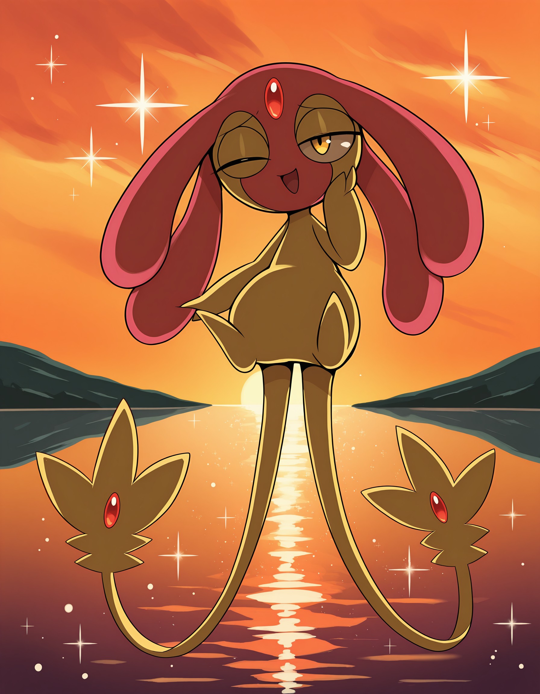 masterpiece, best quality, amazing quality, very detailed, newest, no humans, WnMsprt, 2 tails, multicolored skin, yellow eyes, yellow skin, forehead gem, red gem, pokemon \(creature\), (solo), full body, cinematic lighting, lake, floating, smile, looking at viewer, morning, orange sky, half-closed eyes, open mouth, hand at face, (sparkles), shiny, one eye closed, sunny,, <lora:25f33656-fa2a-4e2a-afd6-c3d20924c77c:1.1>