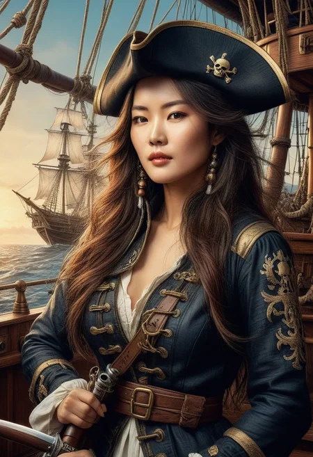 art, breathtaking detailed, masterpiece, awe-inspiring, radiant, magnificent. closeup portrait of stunning korean female pirate woman with long straight hair, on board a pirate ship, holding flintlock musket