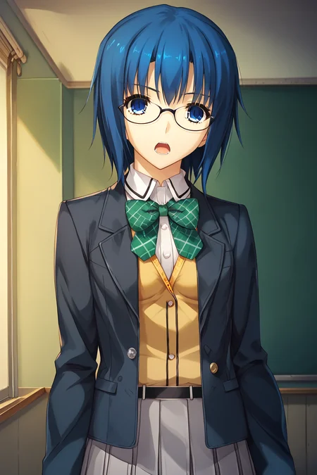 score_9, score_8_up, score_7_up, source_anime BREAK
<lora:Tsukihime_Ciel_Pony:1> ciel, 1girl, short hair, blue hair, blue eyes, solo, breasts, bangs, looking at viewer, open mouth, medium breasts, empty eyes,
glasses, grey skirt, bow, yellow vest, jacket, school uniform, green bow, skirt, open clothes, shirt, bowtie, open jacket, white shirt, black-framed eyewear, green bowtie, pleated skirt, long sleeves, collared shirt, black jacket, vest,
solo,
dutch_angle, standing
open mouth,
<lora:detail_eyes:0.2>, detail_eyes,
high resolution, Masterpiece, detailed,
<lora:Sayori_Style:1>