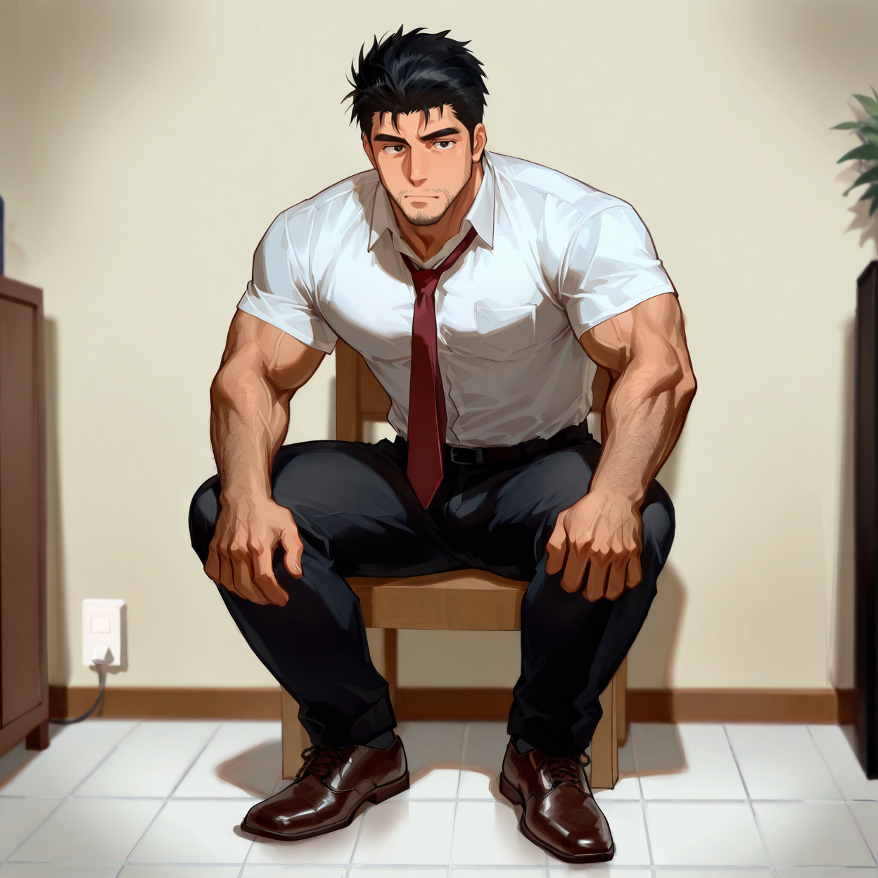 <lora:Sket_Dance__Agatha_Soujirou_-000009:.7>, sojirokun, black hair, short hair, black eyes, hairy face, white shirt, short sleeves, blazer, red tie, black pants, shoes
(very short hair, beard, bara, mature, facial hair, stubble, beard, full beard, sideburn, beard, a lot of beard, ), facial hair,male focus, muscular male, muscular male, bara, mature,  bara, mature, aixiwuganda_(20222192), very awa, masterpiece, best quality, absurdres, newest, perfect quality, detailed background, intricate details,
<lora:slider_Body Type_alpha1.0_rank4_noxattn_last:3><lora:style_Anime Summer Days 2 Style SDXL_LoRA_Pony Diffusion V6 XL:.6><lora:slider_cfg_scale_boost:.7><lora:face_Artist6p-10:.55>, Artist6p, Artist04p,<lora:slider_il_brightness_slider_d1:-1><lora:slider_il_contrast_slider_d1:-1><lora:slider_DarkSlider1.2_alpha1.0_rank16_full_300steps:-.6>