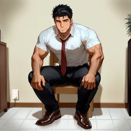 <lora:Sket_Dance__Agatha_Soujirou_-000009:.7>, sojirokun, black hair, short hair, black eyes, hairy face, white shirt, short sleeves, blazer, red tie, black pants, shoes
(very short hair, beard, bara, mature, facial hair, stubble, beard, full beard, sideburn, beard, a lot of beard, ), facial hair,male focus, muscular male, muscular male, bara, mature,  bara, mature, aixiwuganda_(20222192), very awa, masterpiece, best quality, absurdres, newest, perfect quality, detailed background, intricate details,
<lora:slider_Body Type_alpha1.0_rank4_noxattn_last:3><lora:style_Anime Summer Days 2 Style SDXL_LoRA_Pony Diffusion V6 XL:.6><lora:slider_cfg_scale_boost:.7><lora:face_Artist6p-10:.55>, Artist6p, Artist04p,<lora:slider_il_brightness_slider_d1:-1><lora:slider_il_contrast_slider_d1:-1><lora:slider_DarkSlider1.2_alpha1.0_rank16_full_300steps:-.6>