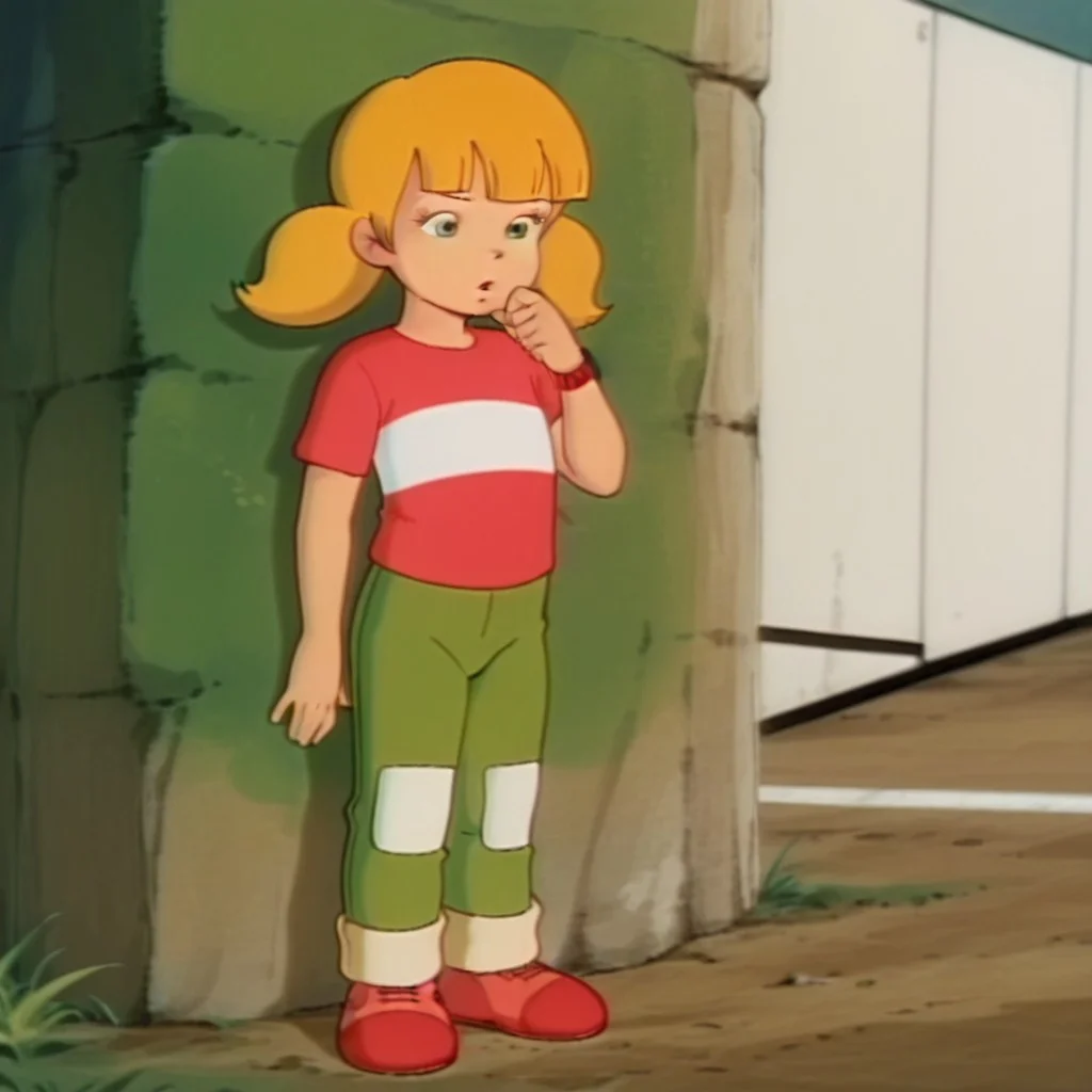 masterpiece, best quality, amazing quality, PennyIG80s, human, female, blonde hair, twintails, blue eyes, red shirt white stripe, green pants, red shoes, red watch, standing, , <lora:303ff1ac-c1cd-4c63-802c-07cf05573aea:1.0>