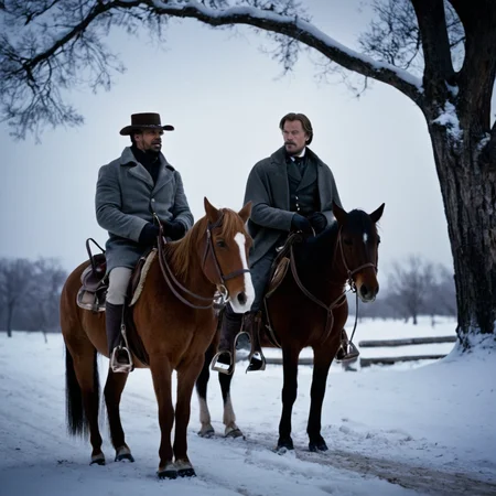 cinematic film still of <lora:detailed:0.2>
<lora:perfection style:0.2>
<lora:Ron Fricke style:0.1>
<lora:Django Unchained film style:0.8>
In 1858 two men riding horses in the snow,short hair,brown hair,long sleeves,holding,sitting,jacket,male focus,boots,outdoors,multiple boys,sky,day,pants,hood,2boys,bag,tree,animal,nature,scenery,snow,snowing,riding,winter,horse,horseback riding,saddle , 1800's, western film style, Django Unchained film style, shallow depth of field, vignette, highly detailed, high budget, bokeh, cinemascope, moody, epic, gorgeous, film grain, grainy