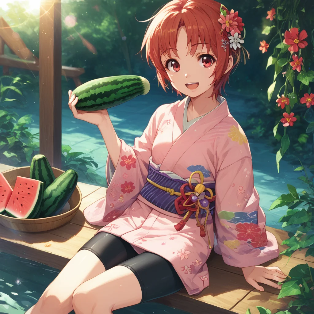 score_9, score_8_up, score_7_up, iizumi-rita, toaru, 1girl, watermelon, food, japanese clothes, fruit, short hair, solo, kimono, hair ornament, eggplant, smile, open mouth, bike shorts, sitting, hair flower, pink kimono, flower, looking at viewer, lens flare, brown eyes, sparkle, red hair, holding, brown hair, cucumber, :d, holding food, yukata, soaking feet, sash, red eyes