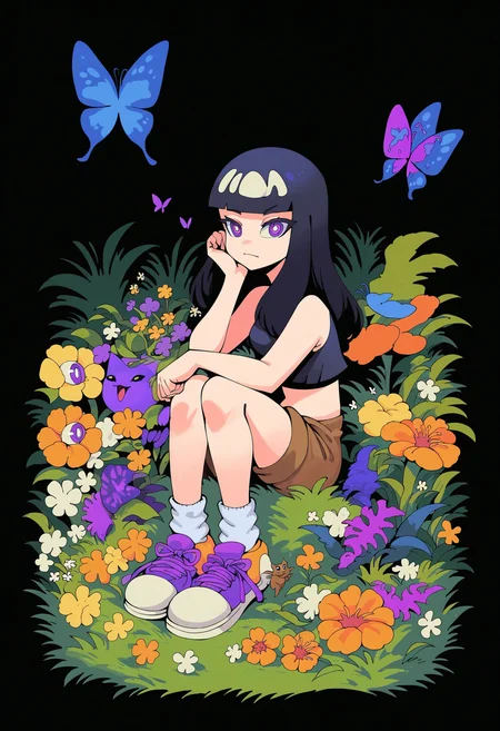 score_9, score_8_up, score_7_up, score_6_up, score_5_up, score_4_up, BREAK
1girl, flower, shoes, shorts, white flower, solo, blunt bangs, grass, yellow flower, black background, purple eyes, socks, looking at viewer, sitting, black hair, plant, purple flower, red flower, brown shorts, bright pupils, long hair, bug, white pupils, orange flower, butterfly, crop top, cat, full body, midriff, leaf, closed mouth
 <lora:benangbaja_pony:1>