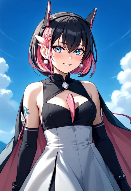 score_4,score_5,score_6,score_7_up,score_8_up,score_9 ((masterpiece,best quality,ultra detailed,highres,HD,4k:1.2)), 
1 girl,solo,face focus,
((Hair between the eyes,), gardevoir, human,
short hair,black hair,multicolored hair,Inner color pink hair,blue eyes,tattoo,black head gear,earrings,very small breast,
Elbow gloves,long skirt,Bare shoulders, corsets,cape,fingerless gloves,jewelry,
smile,.blush,light smile,