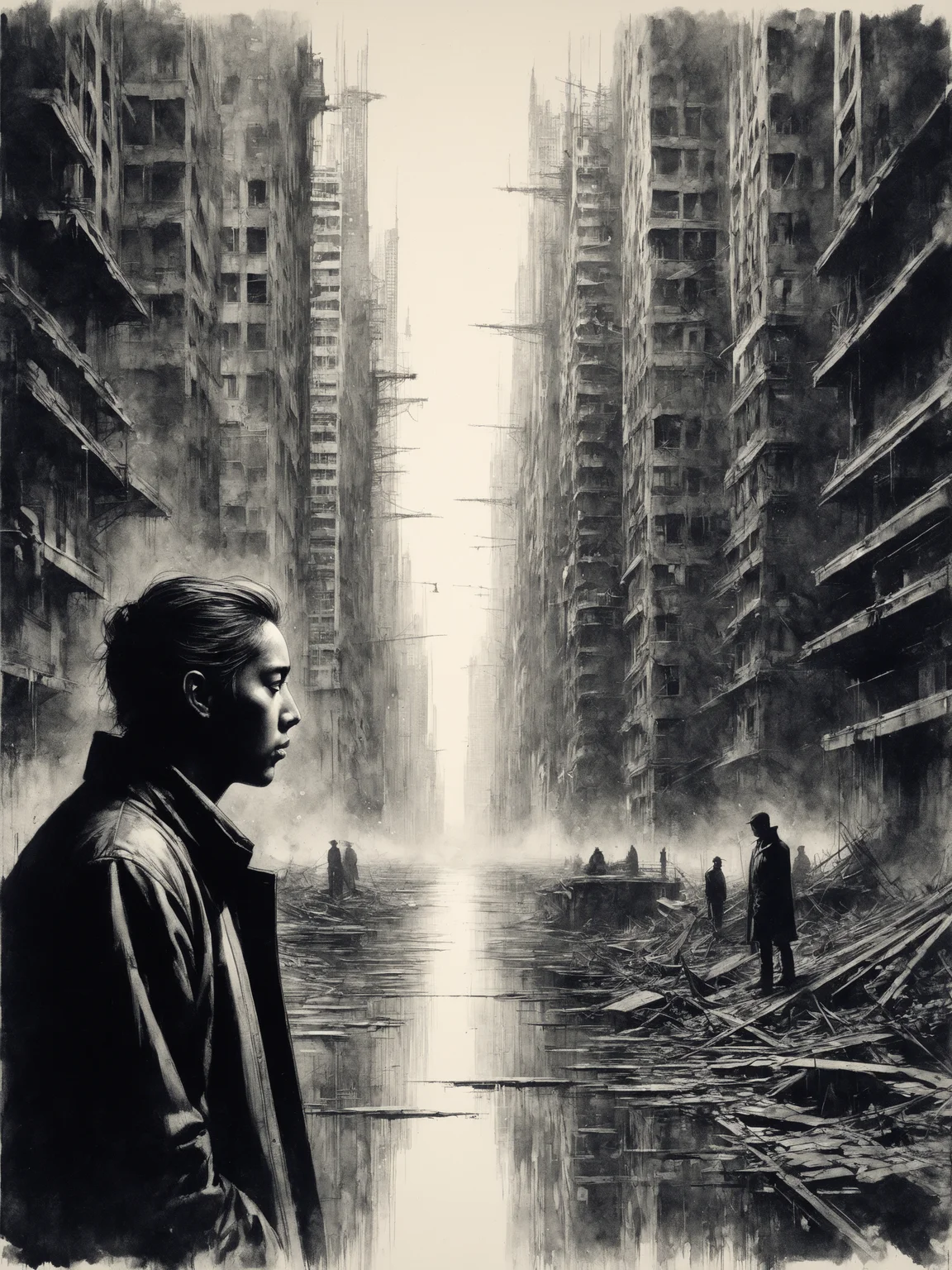 Title: "Reflections of Urban Enigma: Glimpses Within" ,,| +
Inspired Artists: Kim Jung Gi, Jeffrey Catherine Jones, Benedick Bana. ,,| +
Art Styles:
Graphite Art: Illustrate the intricate details of the urban labyrinth.
Watercolor Splatter: Capture the emotional juxtaposition of the individual with the vast city.
Noir Art: Dive deeper into the mysteries of the urban jungle and personal identity. ,,| +
Theme: The urban soul's contemplative journey, juxtaposed against the overwhelming urban sprawl. ,,| +
Composition:
Central Imagery: Face - an introspective canvas, reflecting the intricacies of the city, hinting at personal quests and challenges. ,,| +
Surroundings: A haunting skyline, portraying both the marvel and maze of modern architecture. ,,| +
Emotional Depiction: The face's subtle expressions reveal emotions shaped by the city's ever-changing rhythm. ,,| +
Foreground: Abstract silhouettes of city structures, hinting at both confinement and liberation.
Text: "Amidst Steel Veins, A Heart Beats." ,,| +
Additional Elements:
Faint graphite sketches, showing distant memories within the urban tapestry.
Noir shadows, casting both doubt and hope on the cityscape. ,,| +
Emotion: A duality of feeling trapped yet free, underscoring the urban individual's emotional journey. ,,| +
Quality: High-resolution emphasizing intricate urban details and profound emotional depth. ,,| +, photo, portrait photography
<lora:grainy-v1:0.8>