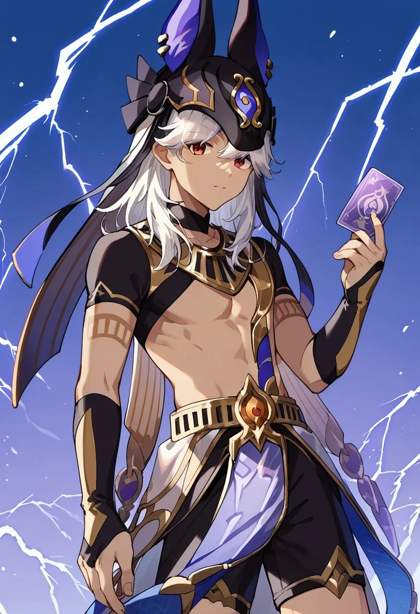 score_9, score_8_up, score_7_up, source_anime, highly detailed, 
cyno, 1boy, male focus, solo, dark-skinned male, dark skin, white hair, hair over one eye, long hair, red eyes, egyptian clothes, hat, animal hat, jackal ears, black headwear, jewelry, usekh collar, gold trim, chocker, black chocker, tattoo, arm tattoo, crop top, shirt, black shirt, short sleeves, bridal gauntlets, holding, holding card, hand up, card,  shorts, black shorts, pelvic curtain, looking at viewer,
outdoor, lightning, purple lightstorm,