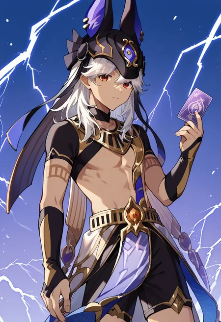 score_9, score_8_up, score_7_up, source_anime, highly detailed,
cyno, 1boy, male focus, solo, dark-skinned male, dark skin, white hair, hair over one eye, long hair, red eyes, egyptian clothes, hat, animal hat, jackal ears, black headwear, jewelry, usekh collar, gold trim, chocker, black chocker, tattoo, arm tattoo, crop top, shirt, black shirt, short sleeves, bridal gauntlets, holding, holding card, hand up, card, shorts, black shorts, pelvic curtain, looking at viewer,
outdoor, lightning, purple lightstorm,