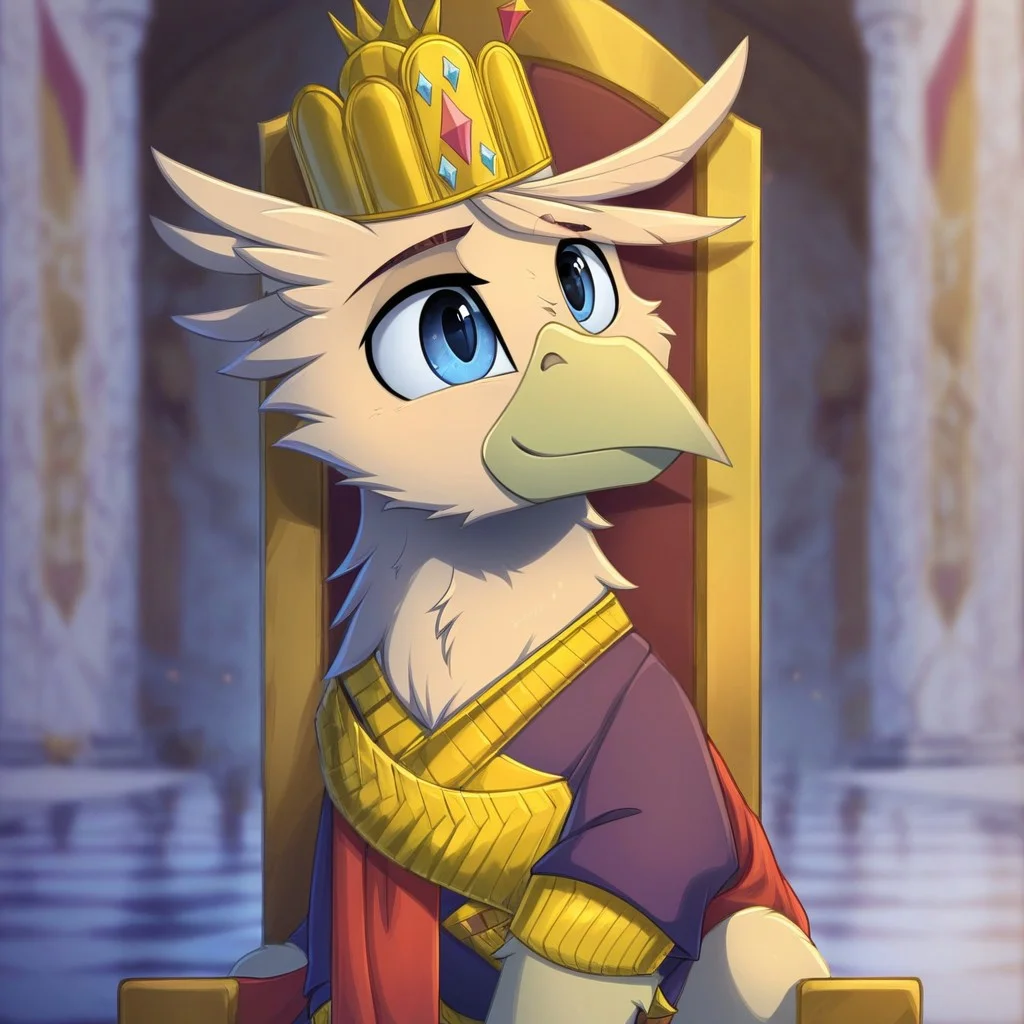 masterpiece, score_9_up, score_8_up, score_7_up, score_6_up, (best quality:1.1), ultra-detailed, high resolution, mlp, solo, grover_vi, young griffon, feral, avian, small beak, male, eyebrows, blue eyes, feathers, feathery ears, happy facial expression, cute, kaiser crown BREAK sitting on throne, throne room, detailed background, detailed facial features, expressiveh, highly visible, sharp focus