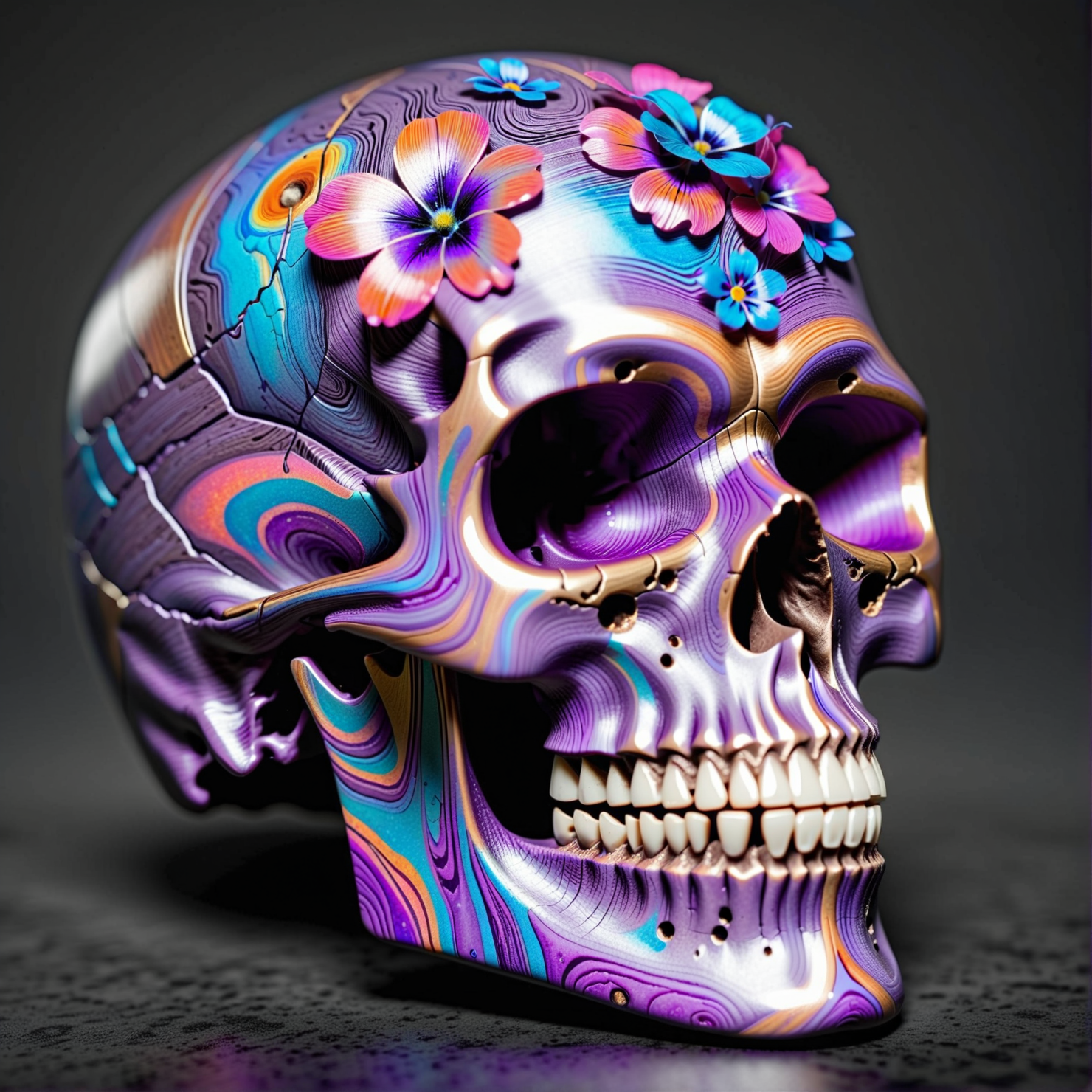 timascus style,realistic, a skull with flowers growing from it, concept,(SimplePositiveXLv2:0.6), <lora:Timascus_merge:1>