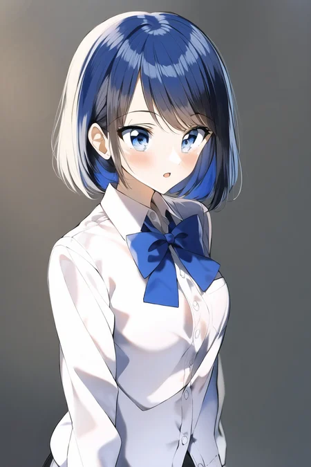 1girl, collared shirt, bow tie, blue hair, blue eyes,
upperbody, standing,
<lora:PentagonRailgunStyle:1>,
simple background, white background,