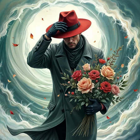 a man in a red hat and black gloves in a coat with a bouquet of flowers walks through a storm against the backdrop of a sea wave