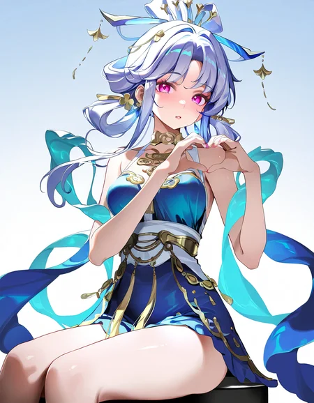 luoxingzhan,1girl,solo,looking at viewer,white background,simple background,cowboy shot,<lora:luoxingzhan-000012:1>,pink eyes,sitting,heart hands,, masterpiece, best quality, very aesthetic, absurdres,newest, incredibly absurdres,, (tsukishiro saika:0.8)
