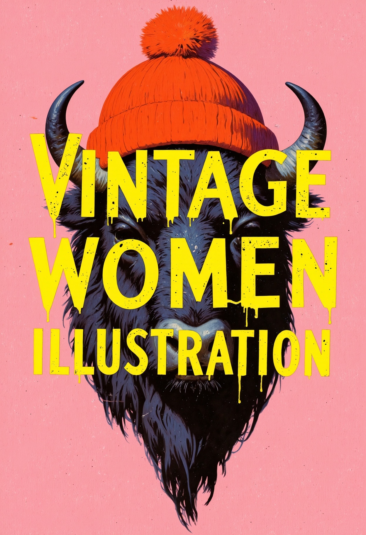 an ancient and mind-bending vintage illustration. A cute bison wearing a red beanie. The large yellow handwritten text "Vintage Women Illustration" is spray painted over the composition, with spray paint splatters, and visible grungy texture, centered and in the middle, overlaying the pinkish composition.
<lora:vintage-women-illustration-v1:0.8>