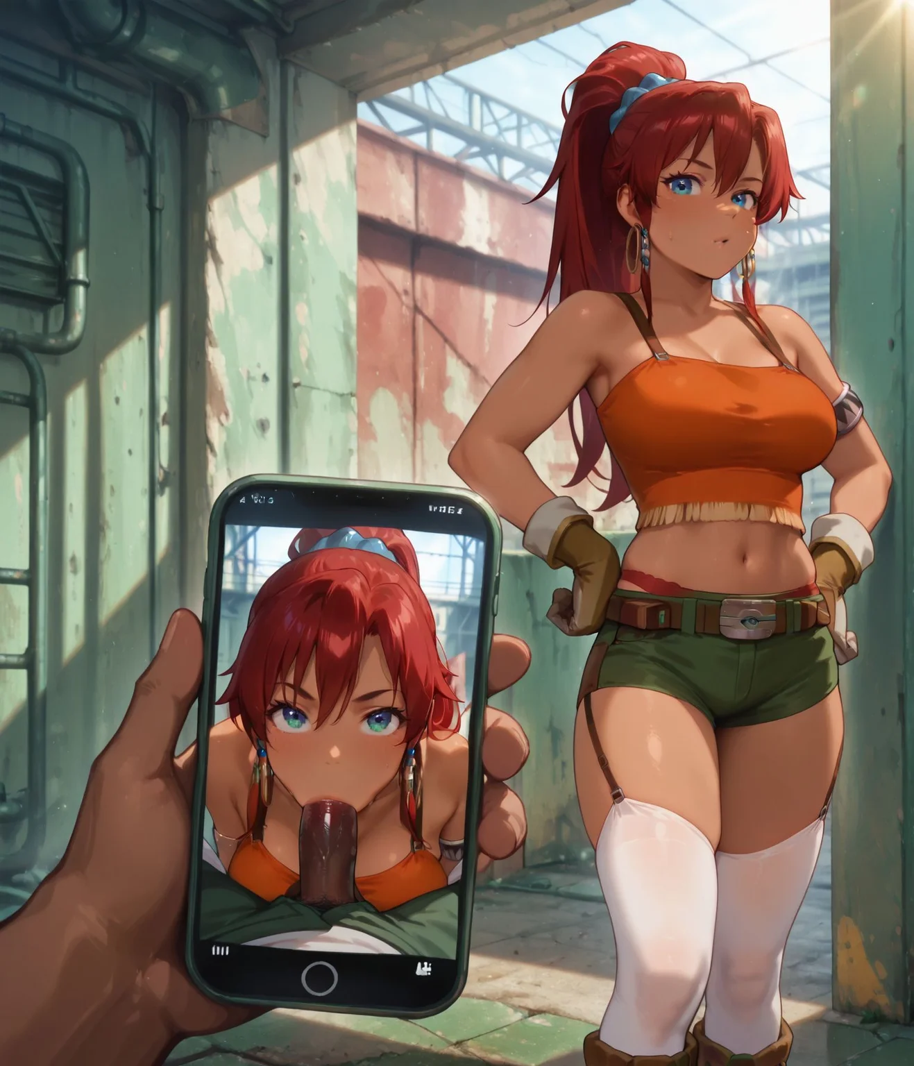 masterpiece,best quality,amazing quality,very aesthetic,absurdres,newest, huge filesize,
<lora:spo_sdxl_10ep_4k-data_lora_webui:0.5>,
<lora:add-detail-xl:1>
<lora:Phone_Exposure:1>phone exposure,
1girl,
hetero,breasts,
phone,cellphone,
penis,1boy,
fellatio,fellatio in phone,
looking at viewer,
bellowssng, bellowscasu, bellows \(suisei no gargantia\), suisei no gargantia, dark-skinned female, blue eyes, hair beads, ponytail, red hair, hoop earrings, orange crop top, midriff, armlet, gloves, red panties, green shorts, panties under shorts, brown belt, garter straps, white thighhighs, brown footwear, standing, hand on hip, industrial background, outdoor, sunlight, day, <lora:SuiseiNoGargantia_Bellows_Illustrious:0.8>