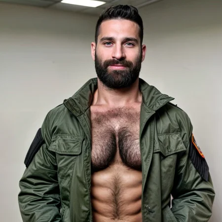 ahirsute, solo, military barracks, looking at viewer, short hair, blue eyes, shirt, black hair, 40 years old man, soldier, bare chest, uniform, upper body, male focus, open jacket, camo jacket, open uniform, muscular, facial hair, abs, undressing, pectorals, muscular male, bara, beard, large pectorals, mature male, realistic, buzz cut, bare pectorals, chest hair, pectoral cleavage, innuendo, smirk, seductive, arm hair, hairy