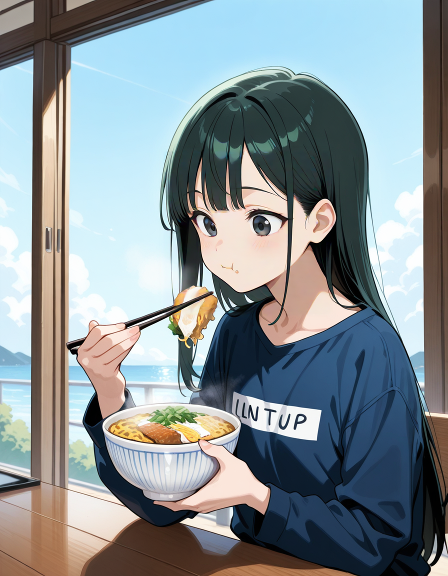 score_9, score_8_up, score_7_up, anime, solo, 1girl, one girl,
Black hair, (chest length hair:1.2), Straight Hair, bangs, one tucked behind ear, black eyes, feature large highlight, feature double highlights, shaped eyeblow,
sensitive,
<lora:donburimono:0.8>, donburimono,
food, chopsticks, katudon, eating katudon,
(masterpiece:1.3), best quality, high resolution, unity 8k wallpaper, (illustration:1.2), 8K,