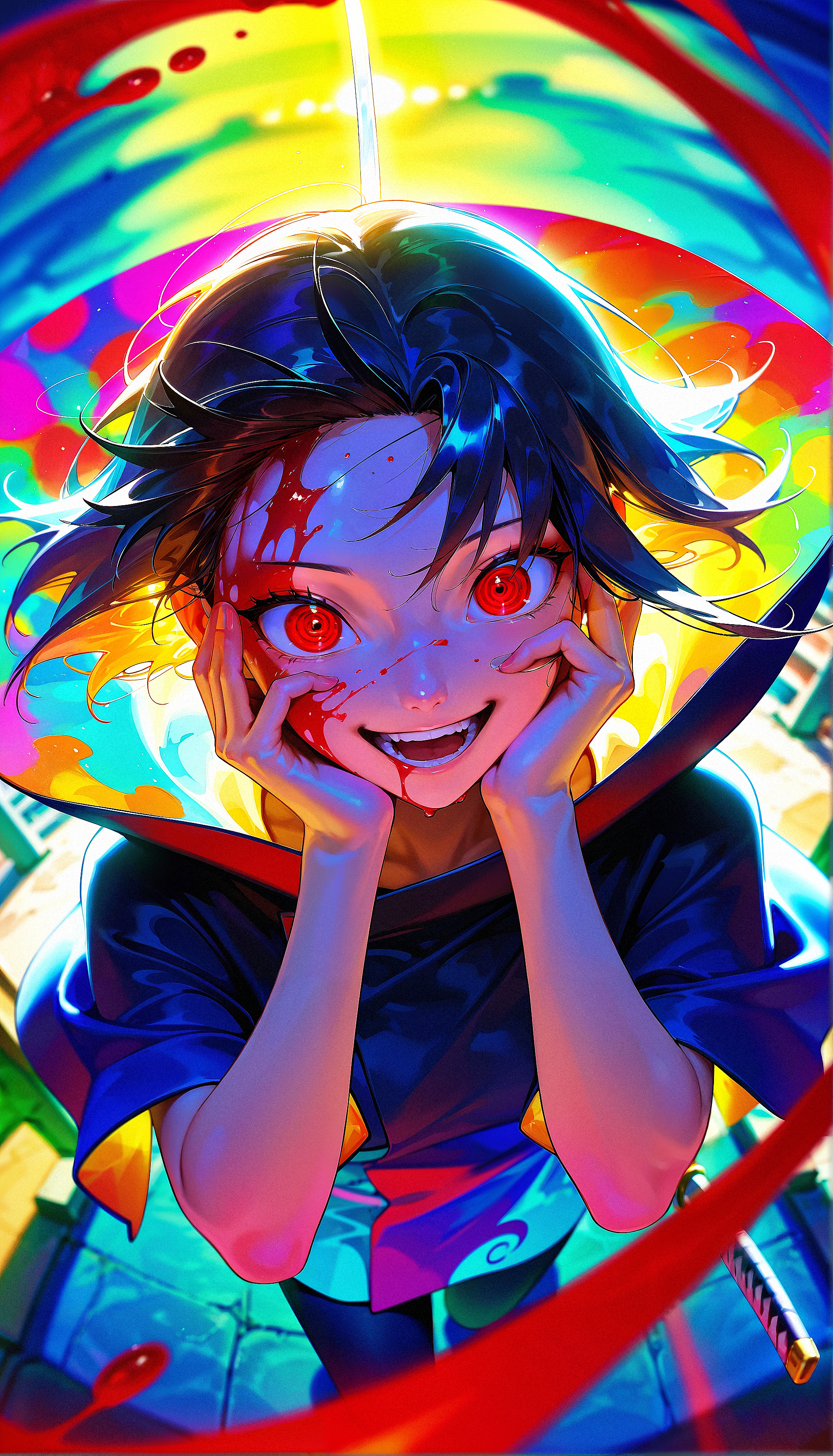 masterpiece, best quality, amazing quality, very aesthetic, absurdres,  newest, scenery,  1girl, uchiha, teeth, open mouth, blood on face, smile, black hair,  crazy eyes, holding katana, hand on own cheek, upper body, Akatsuki Cloak backlighting, from above, dutch angle, , close-up, photorealistic, dutch angle, (colorful), from above, crows,fisheye, , masterpiece, best quality, amazing quality, very aesthetic, absurdres,  newest, scenery, volumetric lighting