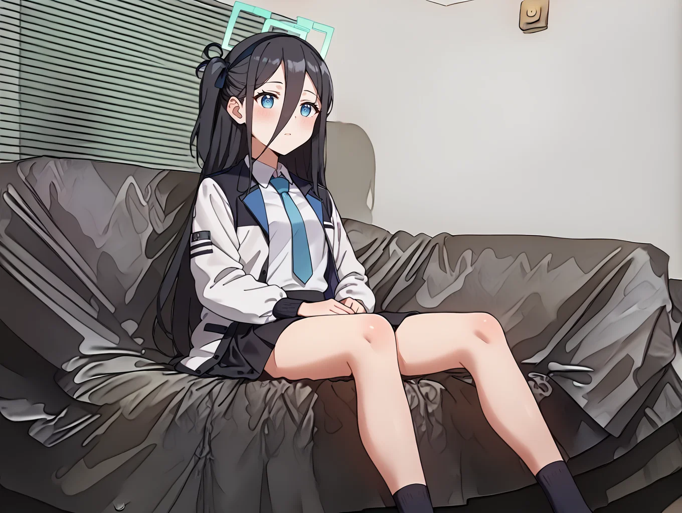 score_9, score_8_up, score_7_up, score_6_up, score_5_up, score_4_up,, source_anime,,, ,
, BREAK, uncensored,
<lora:810iv:1>, 810interview, ,sitting, solo, indoor, silver couch, againist window shade,
1girl,
window shade
<lora:alice-tendou-ponyxl-lora-nochekaiser:0.8>,aris, black hair, blue eyes, hair between eyes, halo, long hair, one side up, hair ribbon,necktie, blue necktie, jacket, skirt, school uniform, white shirt, collared shirt, black skirt, white jacket, long sleeves,