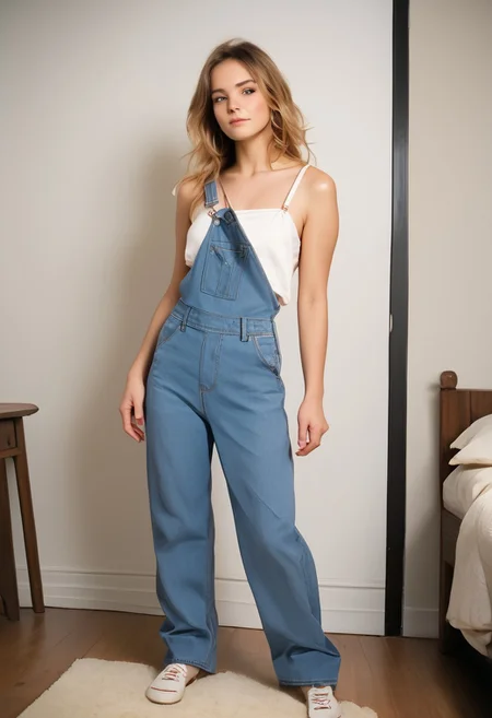 score_9, score_8_up, score_8_up, (photorealistic, real photo), (1woman), sexy, flirty, cute face, highly detailed face, god rays, sharp outlining, high contrast, photorealistic, real photo, realistic, dramatic light, 1girl, overalls, one loose strap, full body, dressing room