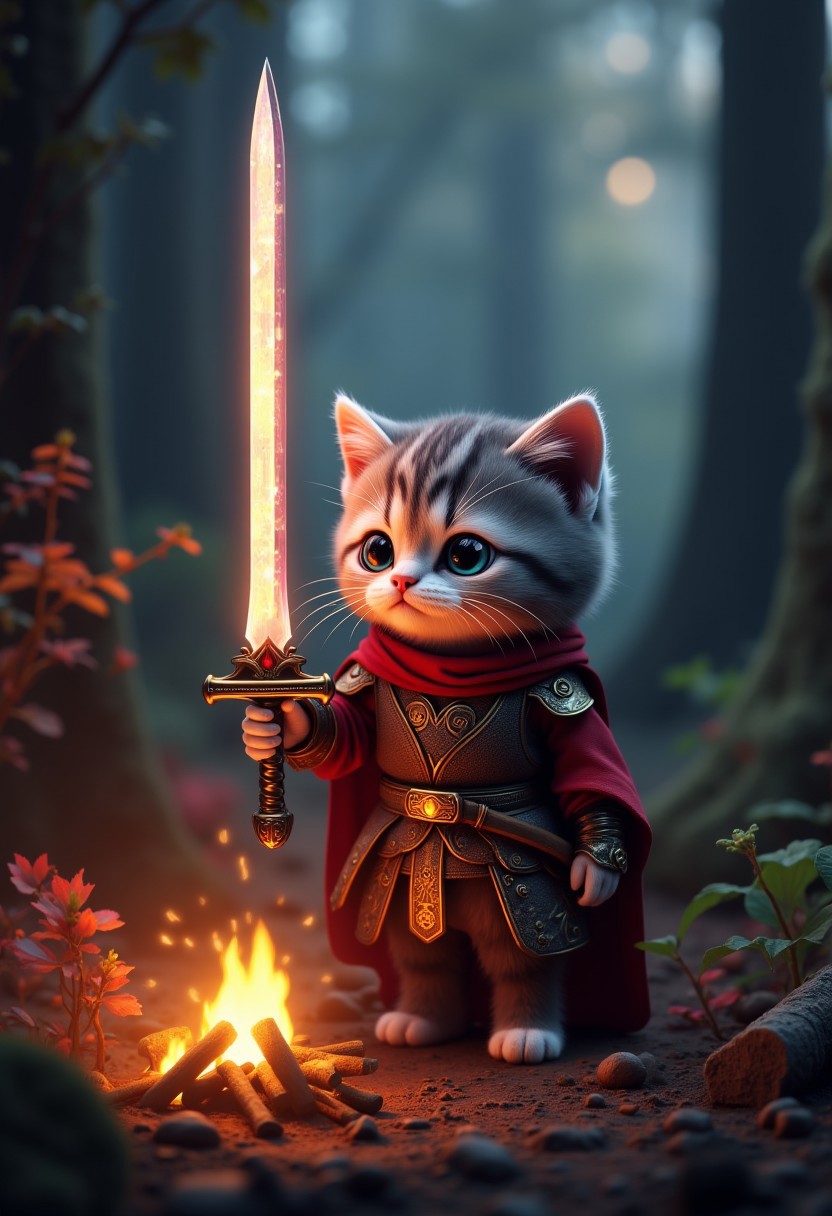 photorealistic,. a realistic human-like fluffy kitten holding a legendary sword. the sword is bright and colorful, emits powerful aura ,surrounded dark forest. very detailed, amazing quality, intricate, cinematic light, highly detail, beautiful, cinematic lighting, fire camp ,rare plants, 3d cg, 8k,wearing a fantasy hero attire