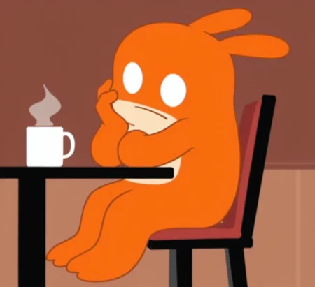 high resolution, best quality, 4k, flat colors, solo, male, side view, sitting at table, sitting in chair, hand on cheek, bored, touching coffee mug, restaurant background, <lora:Blob_-_De_Blob:0.9> blobdeblob, goo creature, noseless, white eyes, no pupils, long ears, legless, 4 fingers, orange body