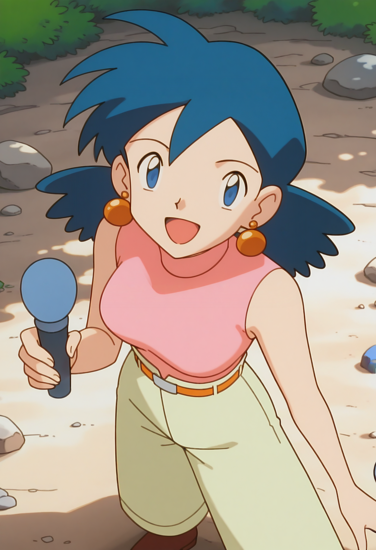 masterpiece,best quality,good quality, <lora:PMRep089:1>, PMRep089, 1girl, solo, earrings, blue hair, flipped hair, blue eyes, breasts,
pink sleeveless turtleneck, orange belt, beige high-waist pants, wide-leg pants,
brown shoes,
looking at viewer, open mouth, holding microphone, standing, smile, from above,
BREAK nature, day, rock, light rays,