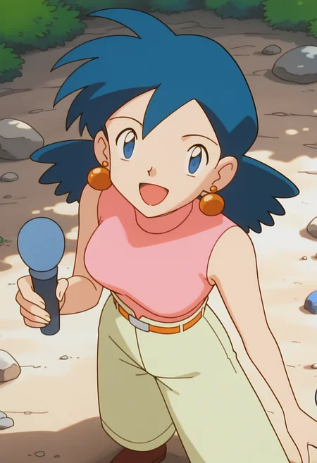 masterpiece,best quality,good quality, <lora:PMRep089:1>, PMRep089, 1girl, solo, earrings, blue hair, flipped hair, blue eyes, breasts,
pink sleeveless turtleneck, orange belt, beige high-waist pants, wide-leg pants,
brown shoes,
looking at viewer, open mouth, holding microphone, standing, smile, from above,
BREAK nature, day, rock, light rays,