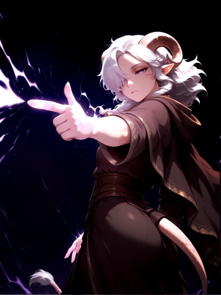 eldritch_blast:1.5 , <lora:eldritch_blast_magic:0.6> blast, firing,solo, pointing, from side, standing, back, pointing at viewer, outstretched hand, standing on side, pointing, floating hair, floating cloak, grin , electricity on hand, glowing hand, empty eyes, looking at side ,, masterpiece, tiefling, tail, anime, pointy ears, tiefling, silver hair, ivory sheep horn,
<lora:Tiefling_bard_Diana_v2:0.8> red whisker_markings, silver long wavy hair, bell necklace, short pointy ears, purple eyes, tiefling_bard_diana:1.2, hair over one eye, braid, cloak,
cow tail:1.4,