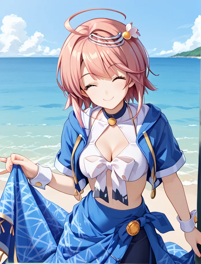 score_9, score_8_up, score_7_up, score_6_up, score_5_up, score_4_up, (source_anime:1.3),(masterpiece:1.3), (high quality:1.3),(1girl: pia3_tp,blue cropped jacket,midriff,halterneck,white front-tie top,cleavage cutout,wrist cuffs,navy pencil skirt,blue sarong,I-58, pink hair, short hair, ahoge, hair ornament,curtsey,one eye closed, smile ), <lora:pia_carrot_3_outfits:1.0>, ocean, <lora:i-58_scarxzys:1>