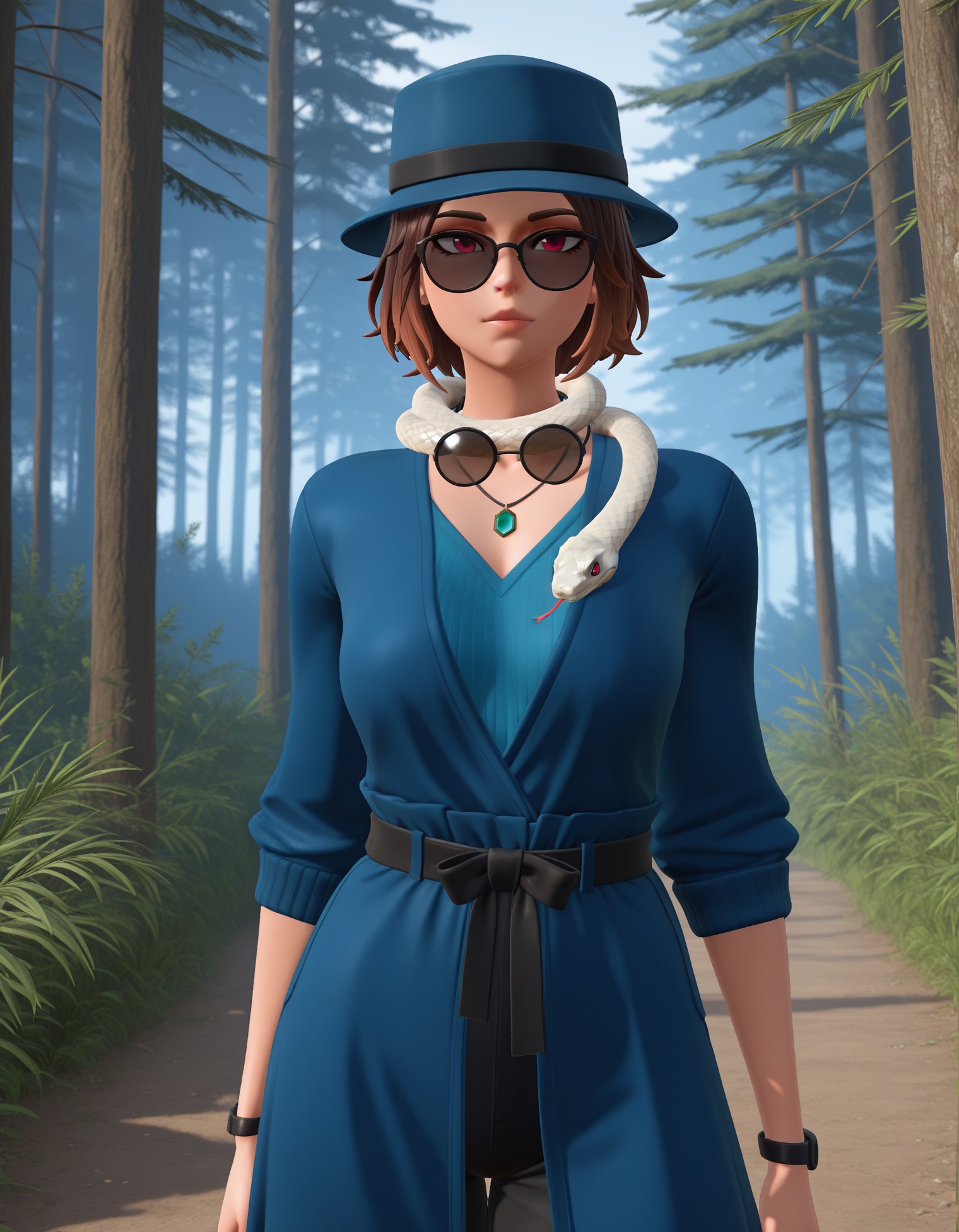 masterpiece, best quality, very aesthetic, absurdres, safe, best quality, very aesthetic, absurdres, newest, highest quality, solo, brown hair, red eyes, 1girl, hat, jewelry, female focus, necklace, snake around neck, animal, dominant female, forest, nature, sunglasses, [detailed face], [detailed eyes], 3D, Fni9 Style, <lora:7c0ca9fe-024e-4944-9ca7-779618db8079:0.9>