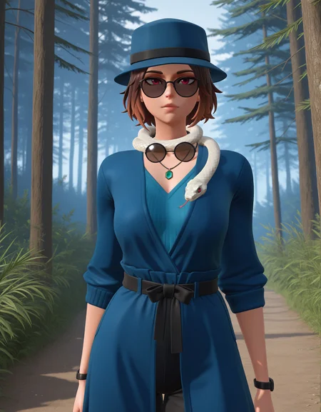 masterpiece, best quality, very aesthetic, absurdres, safe, best quality, very aesthetic, absurdres, newest, highest quality, solo, brown hair, red eyes, 1girl, hat, jewelry, female focus, necklace, snake around neck, animal, dominant female, forest, nature, sunglasses, [detailed face], [detailed eyes], 3D, Fni9 Style, <lora:7c0ca9fe-024e-4944-9ca7-779618db8079:0.9>