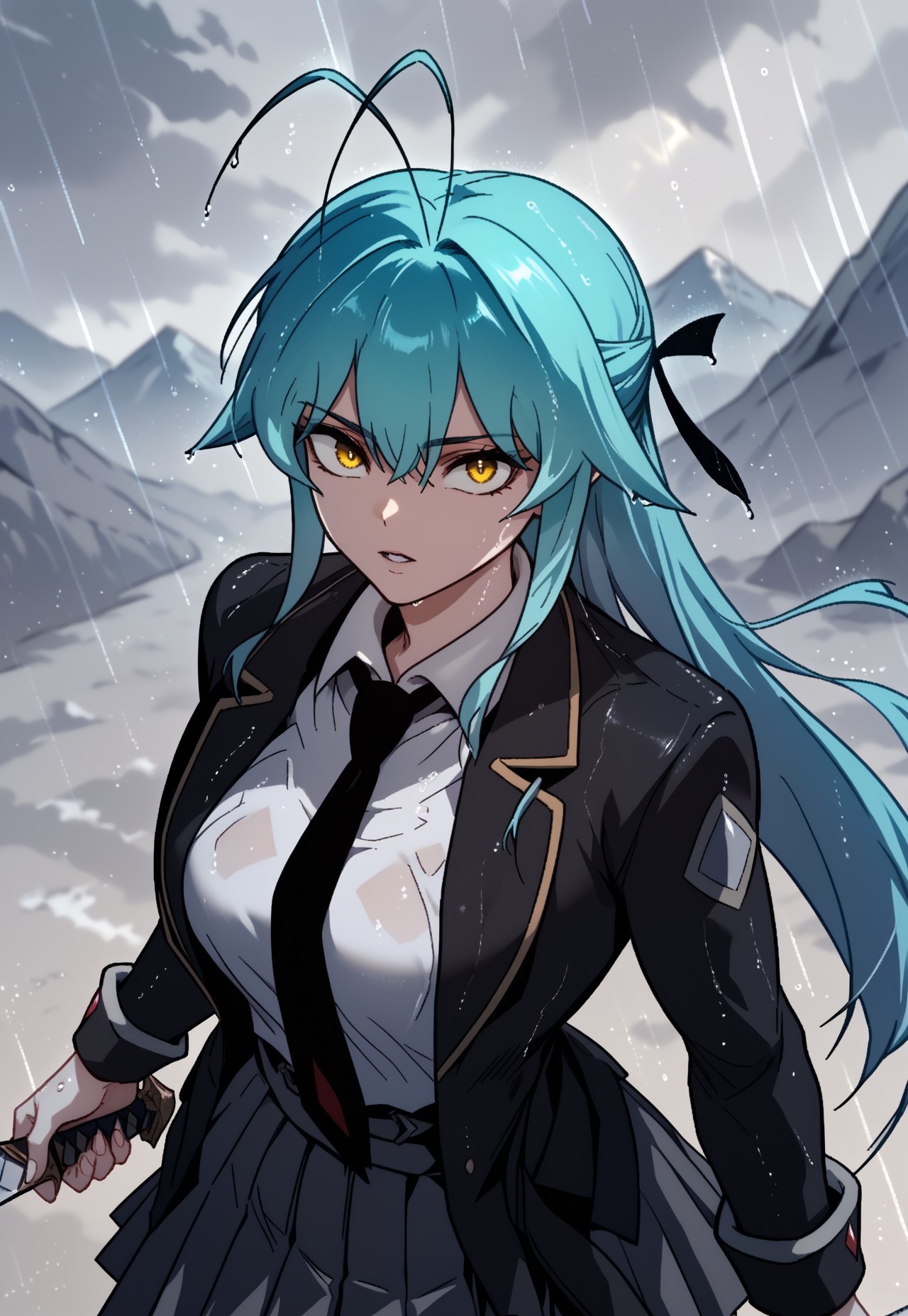zPDXL3, score_9, score_8_up, score_7_up, source_anime, 1girl, Abel, yellow eyes, blue hair, antenna hair, cowboy shot, long hair, sexy body, large breast, looking at viewer, parted lips, raining, side locks, school uniform, black jacket, white shirt, black necktie, pleated skirt, from above, mountains, holding sword, particles