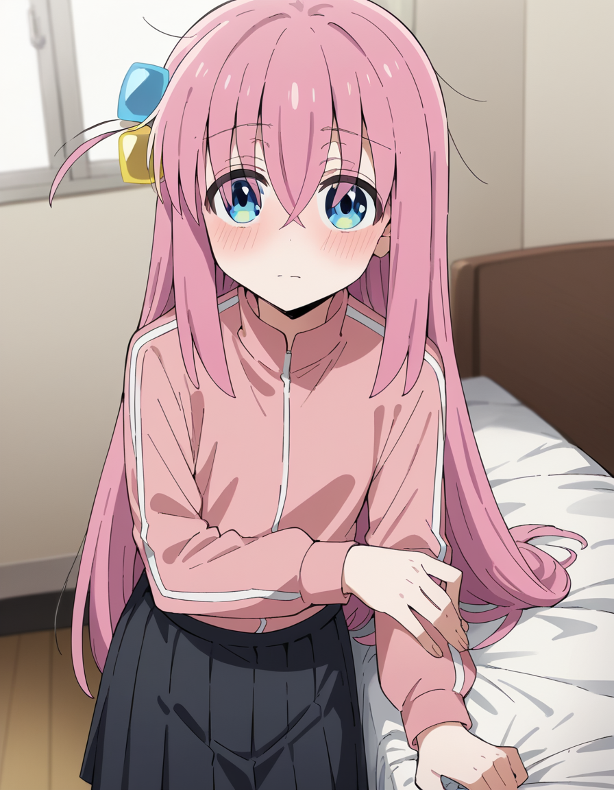 score_9, score_8_up, score_7_up, source_anime,
hitorigotou, <lora:hitori-gotou-s1-ponyxl-lora-nochekaiser:1>,
hitori gotou, blue eyes, cube hair ornament, hair between eyes, hair ornament, pink hair, one side up, long hair,
black skirt, jacket, long sleeves, pants, pants under skirt, pink jacket, pink pants, pleated skirt, skirt, track jacket, track pants, track suit,
indoors, bed, bed room, on side, blush, drunk,
cowboy shot, solo, dutch angle, looking at viewer,