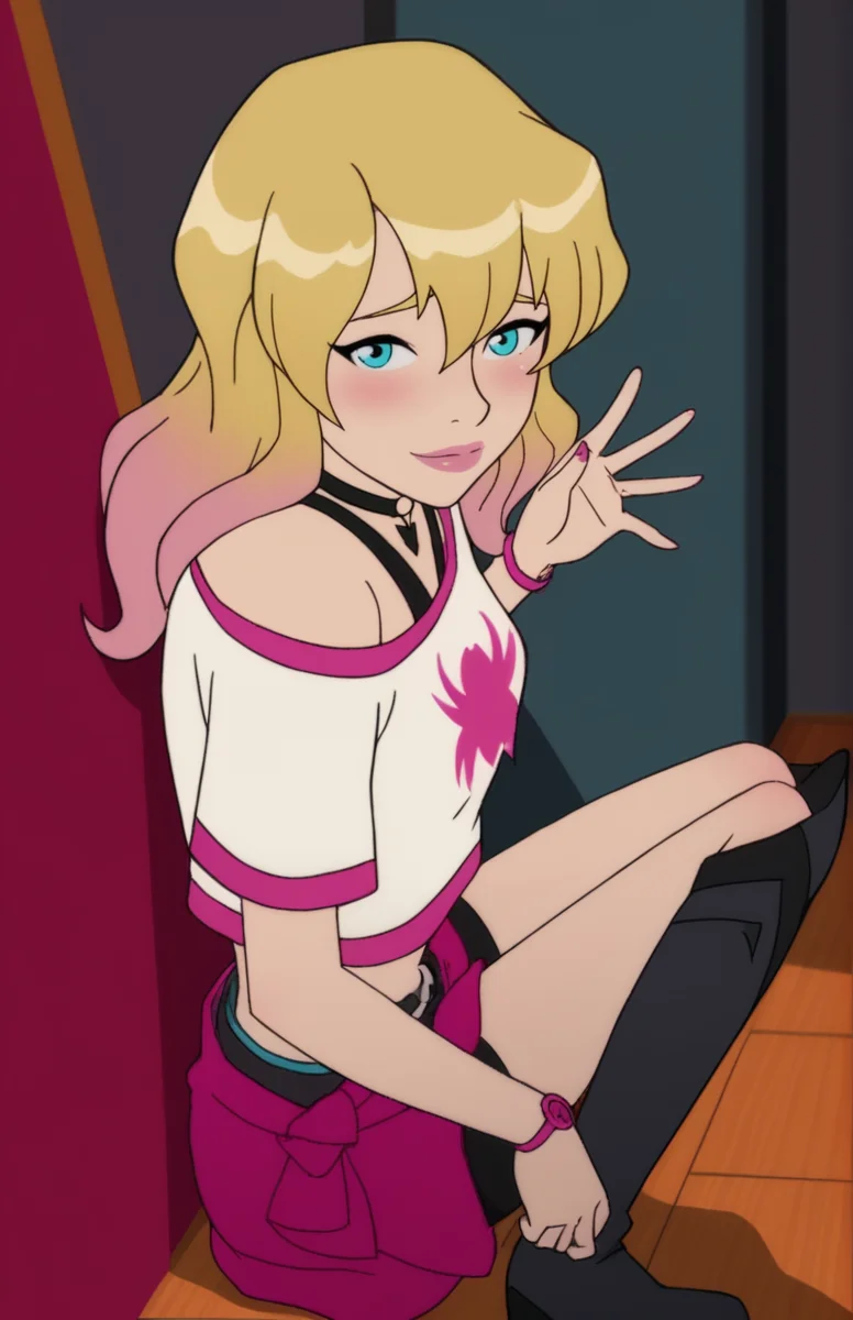 zPDXL3, source_anime, 1girl, solo, implied, source cartoon, cute, sexy, flirting, teasing, back against wall, bedroom eyes, looking at viewer, blush, front view, pov, size difference,
gwen_stacy, blonde hair, blue eyes, multicolored hair, long hair, midriff, off shoulder, boots
 <lora:hand 5.5:0.8>   <lora:Gwen_Stacy_-_Marvel_Rising:0.9>